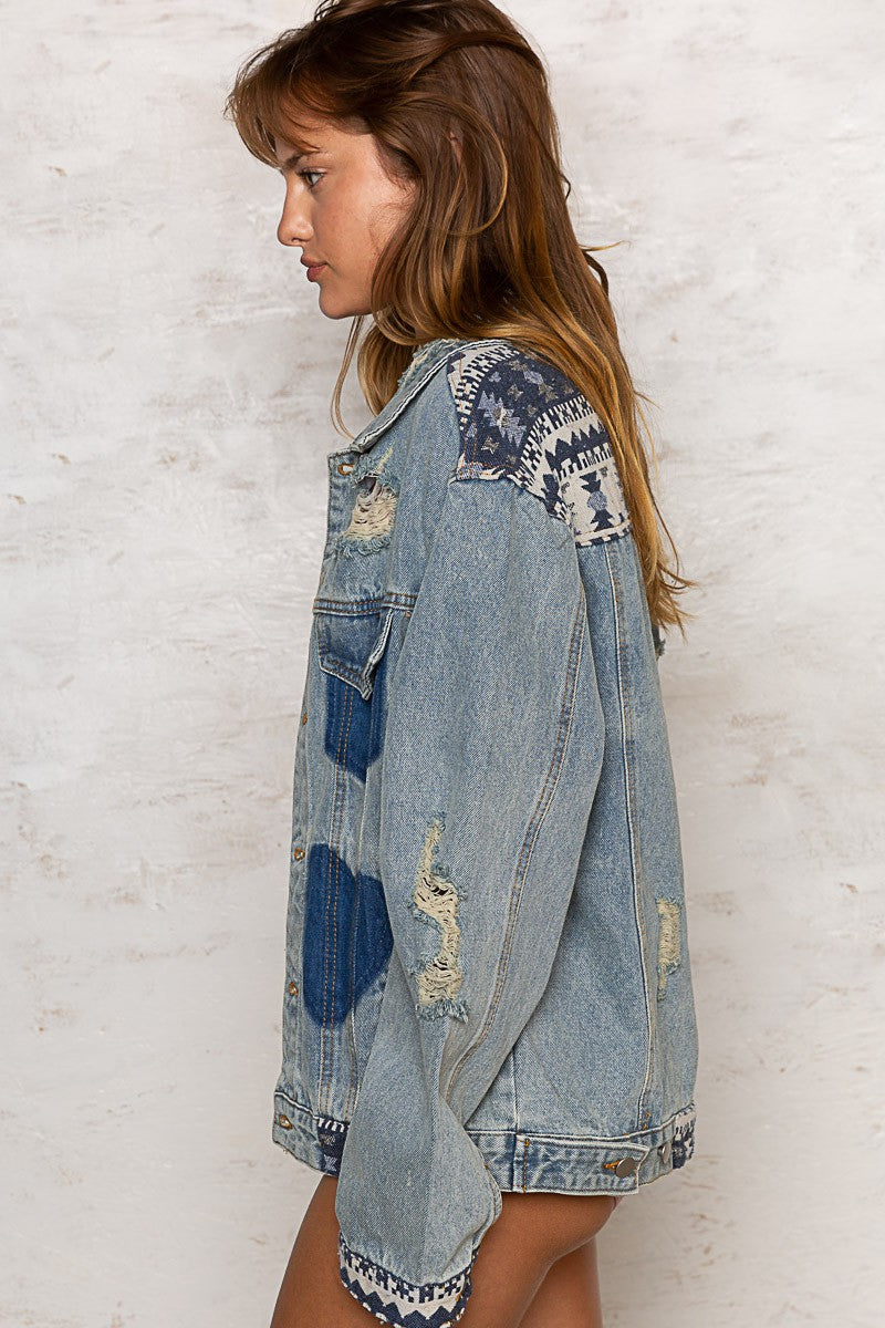 POL Wrist Band Scratched Pockets Shading Denim Jacket