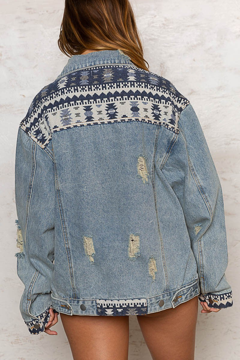 POL Wrist Band Scratched Pockets Shading Denim Jacket