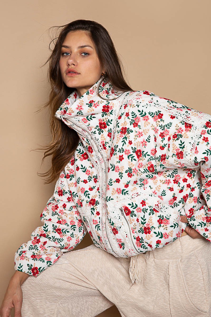 POL High Neck Floral Front Pocket Overfit Quilting Jacket - Roulhac Fashion Boutique