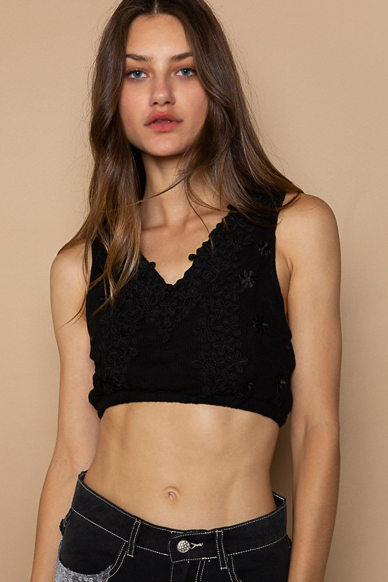 POL Sleeveless V Neck Floral Crochet Lace Crop Top