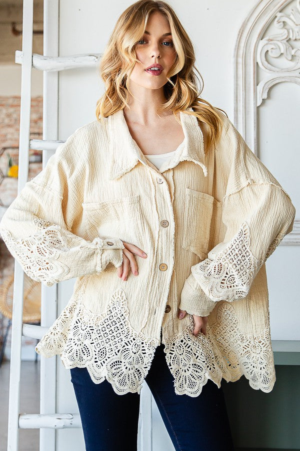 Oli & Hali Washed Lace Mixed Buttondown Shirt Top