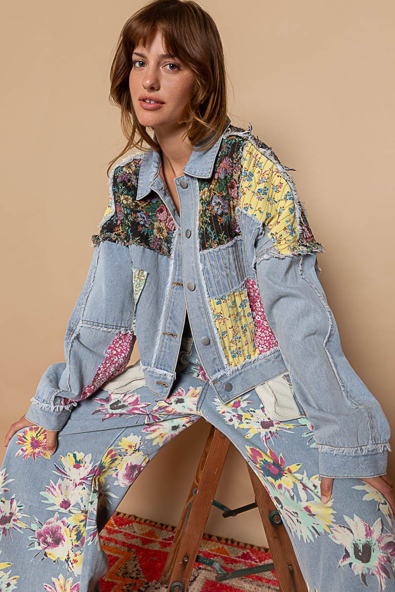 POL Long Sleeve Floral Patchwork Relaxed Fit Denim Jacket - Roulhac Fashion Boutique