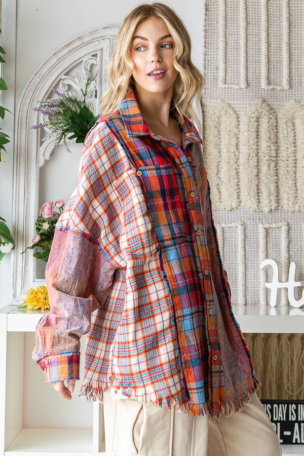 Oli & Hali Washed Plaid Mixed Buttondwon Shirt Jacket