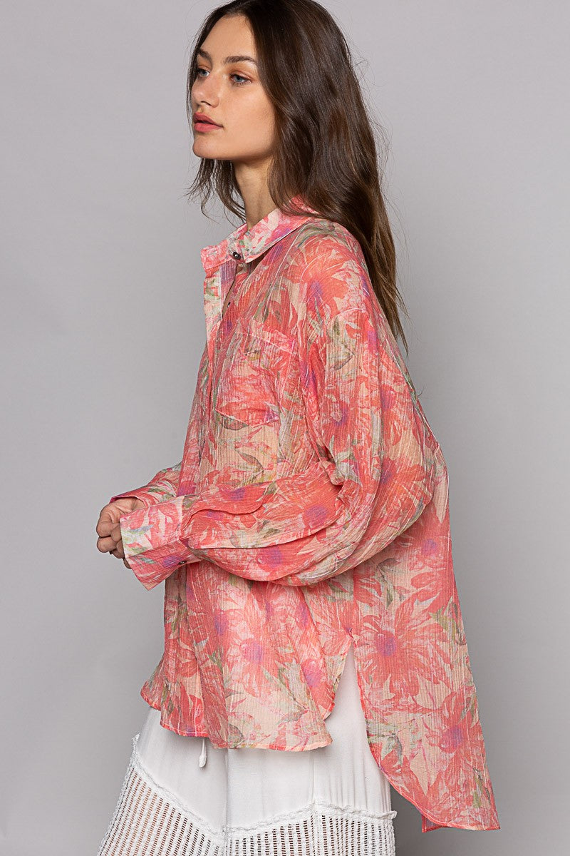 POL Floral Print Oversize Long Sleeve Button Down Top
