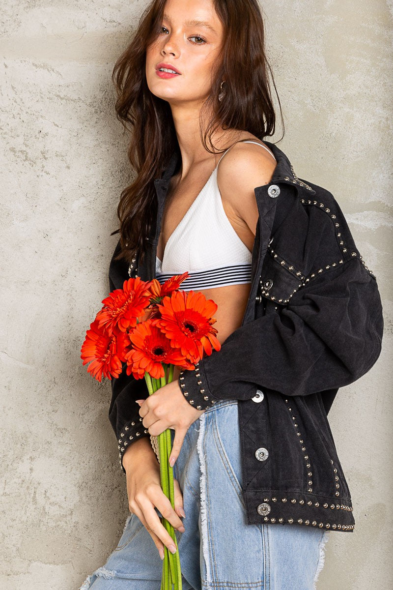 POL Oversized Stud Relaxed Fit Long Sleeve Denim Jacket