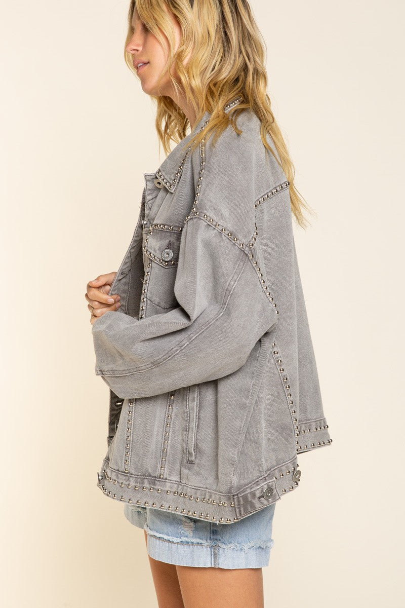 POL Oversized Stud Relaxed Fit Long Sleeve Denim Jacket - Roulhac Fashion Boutique