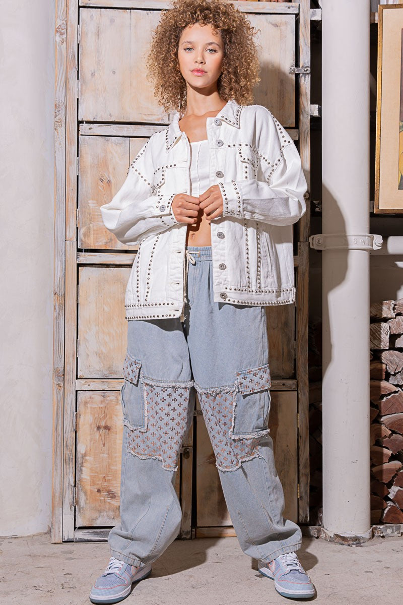 POL Oversized Stud Relaxed Fit Long Sleeve Denim Jacket