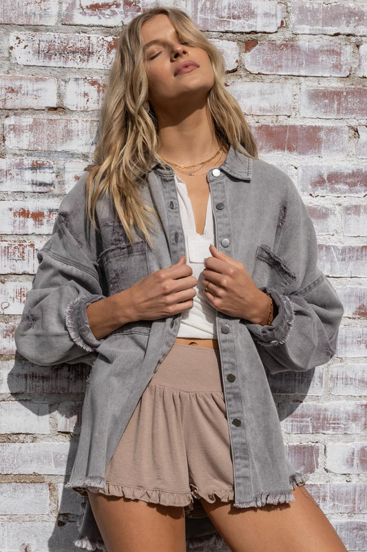 POL Front Pocket Distressed Button Down Twill Shacket Jacket