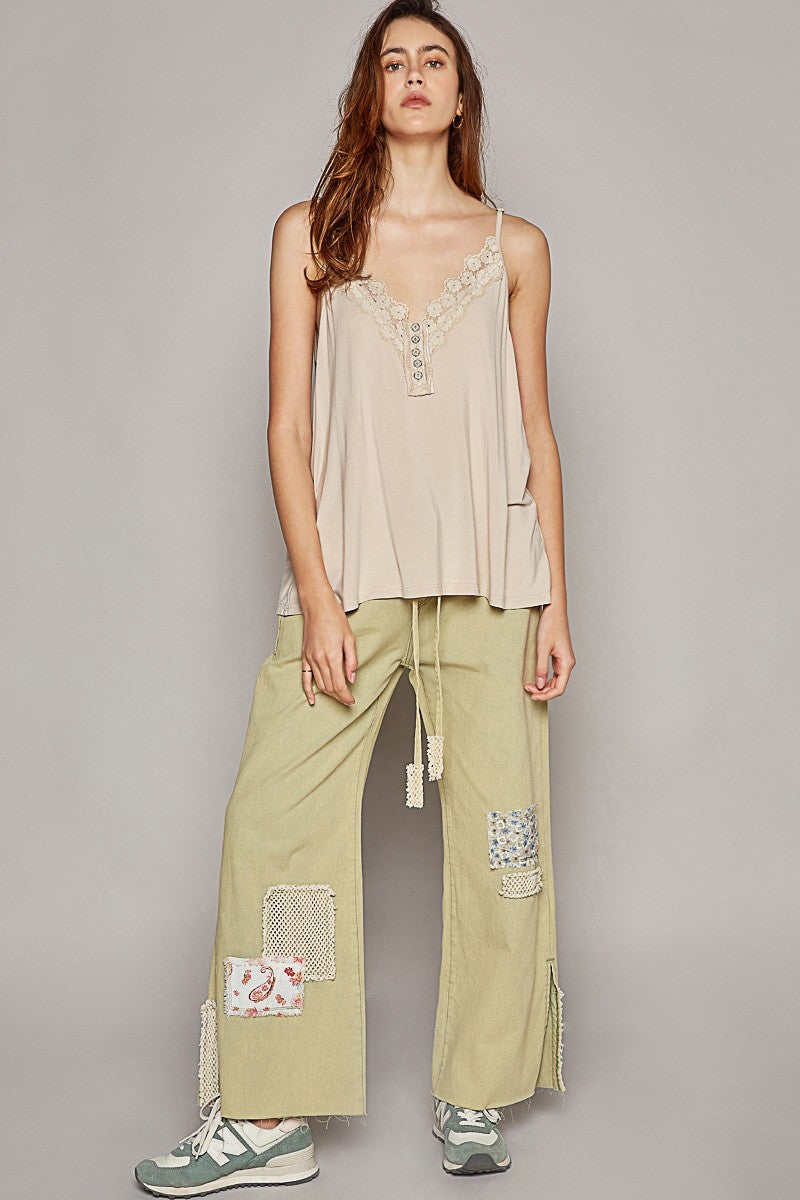 POL Vintage Washed Trim V-Neck Sleeveless Solid Top