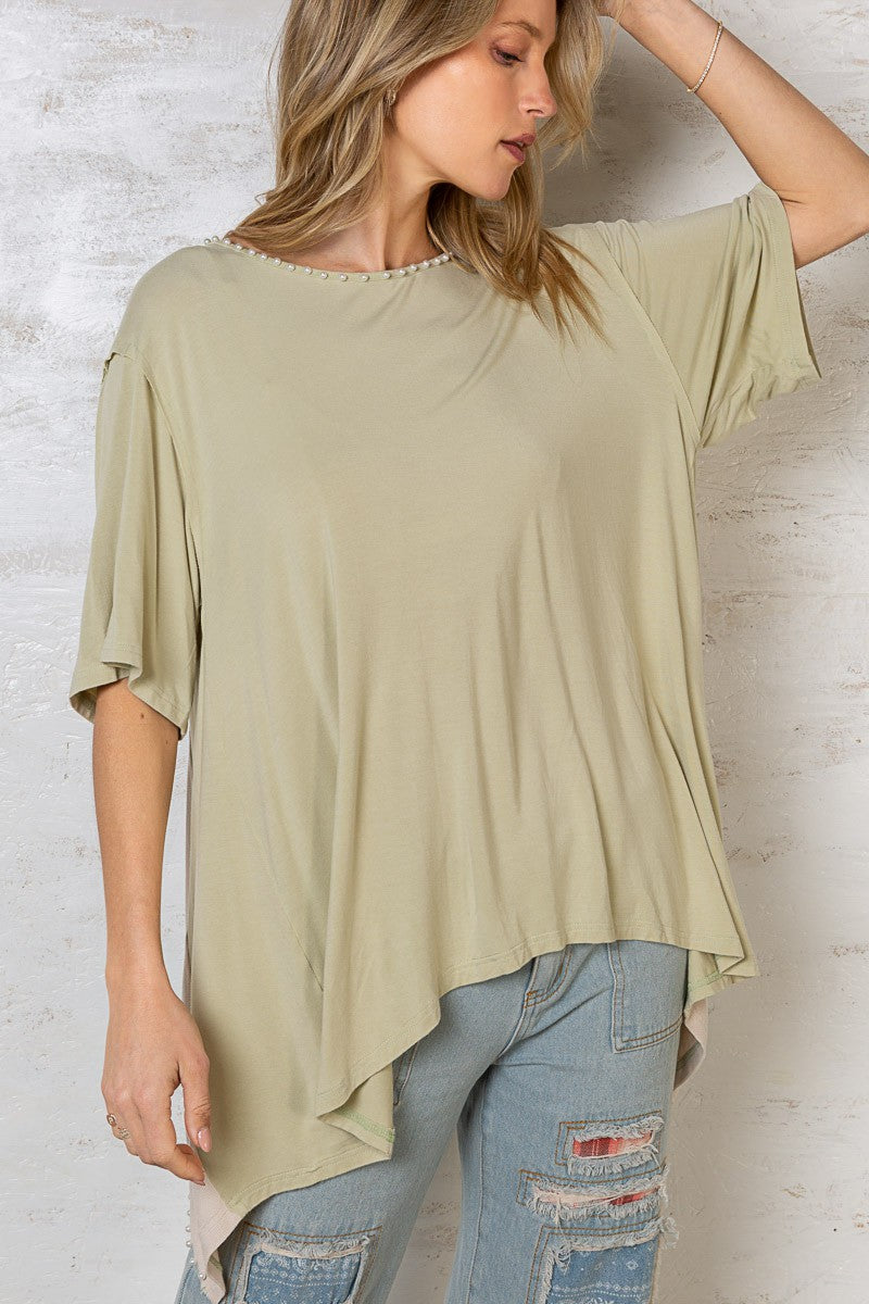 POL Embellished Pearl Neckline Open Back Top