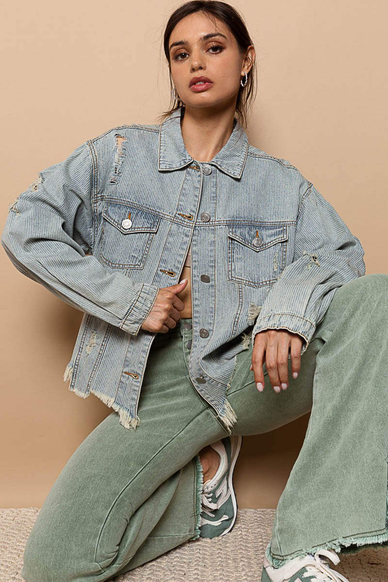 POL Oversize Distressed Button Down Twill Shacket - Roulhac Fashion Boutique