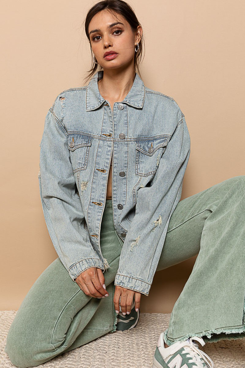 POL Oversize Distressed Button Down Twill Shacket - Roulhac Fashion Boutique