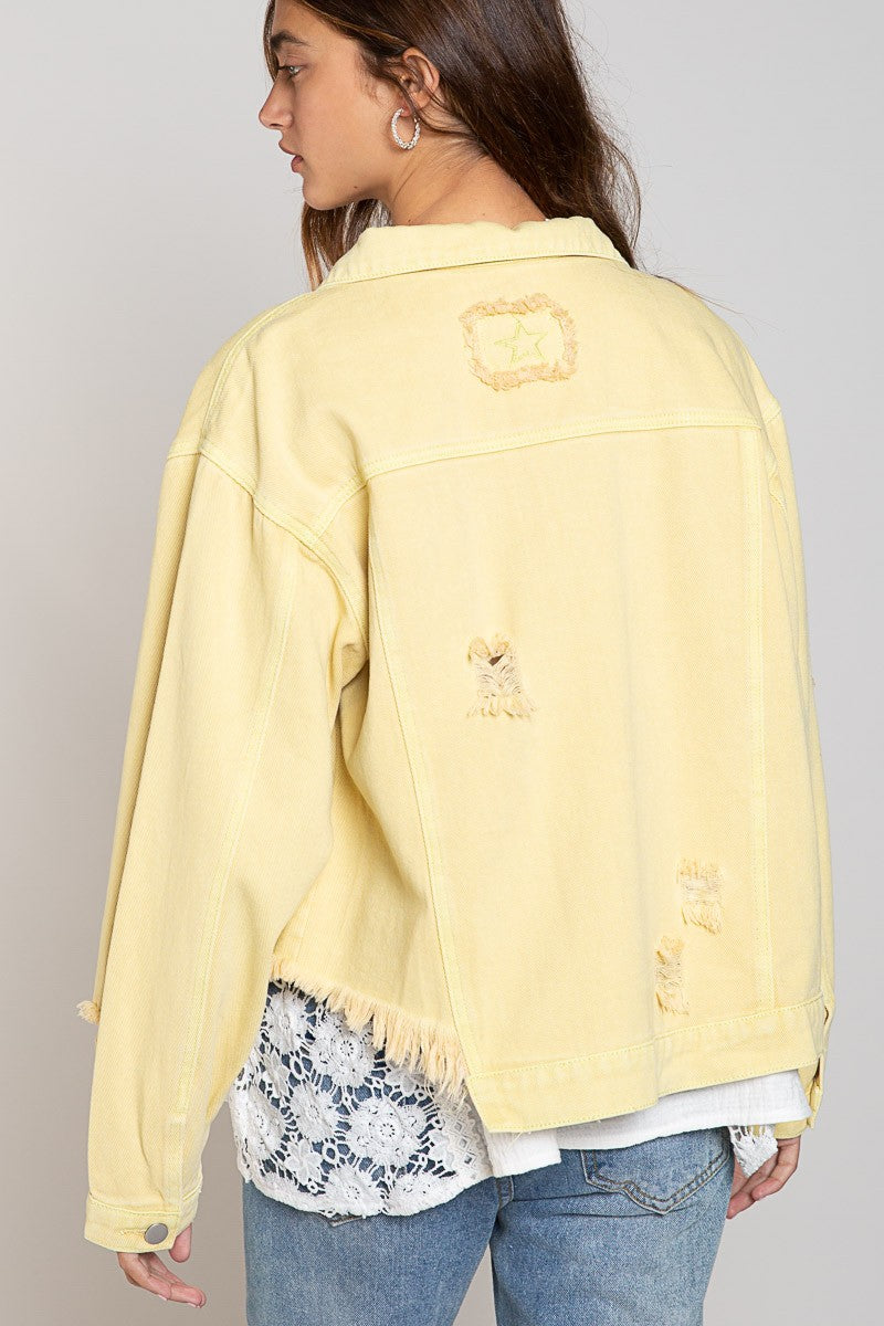 POL Oversize Distressed Button Down Twill Shacket