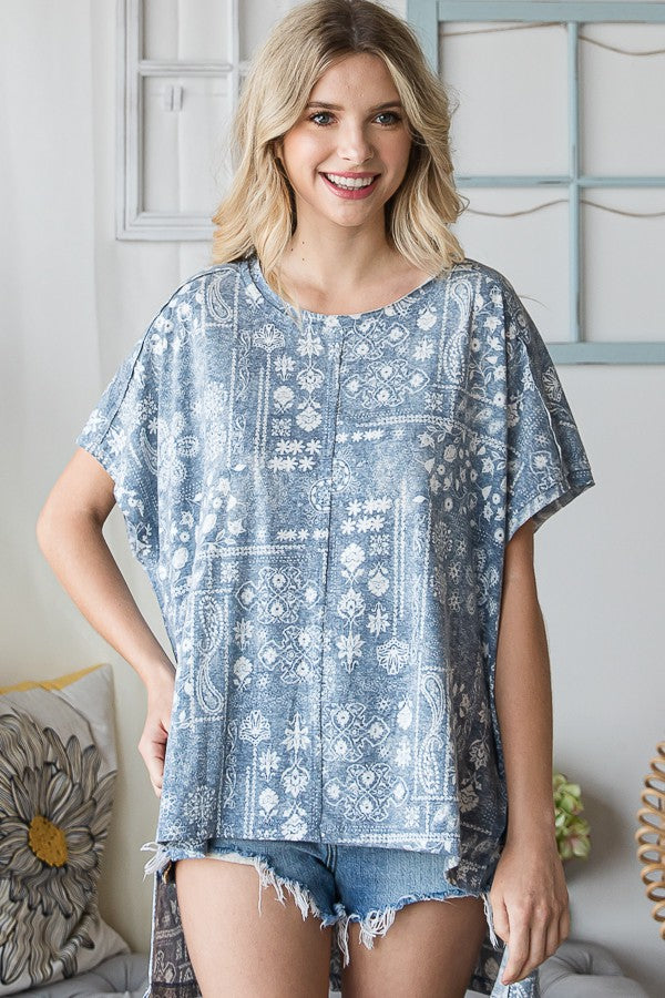 Oli & Hali Hi-Low Hem Washed Paisley Print Short Sleeves Top