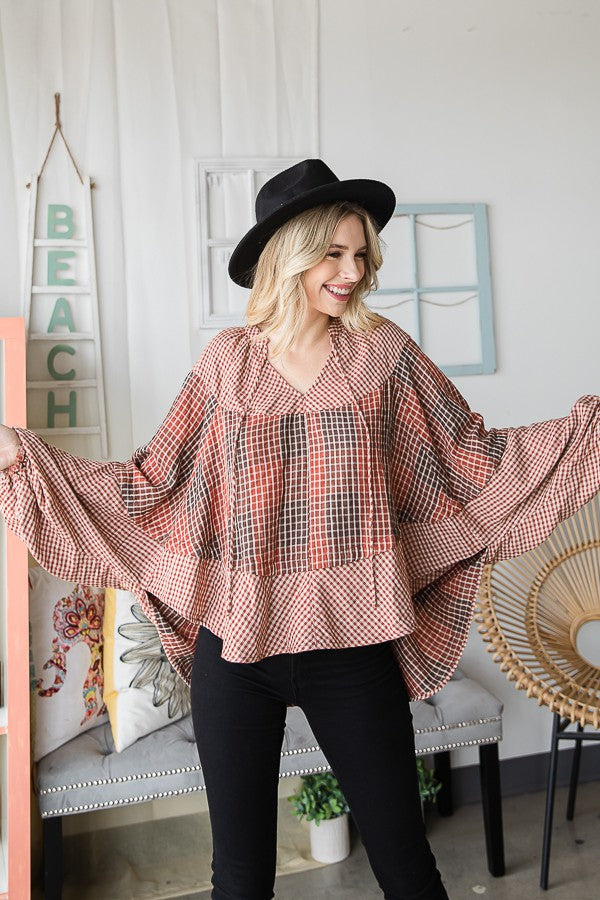 Oli & Hali Plaid Double Gauze Dolman Sleeve Blouse Top