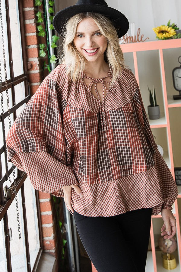Oli & Hali Plaid Double Gauze Dolman Sleeve Blouse Top