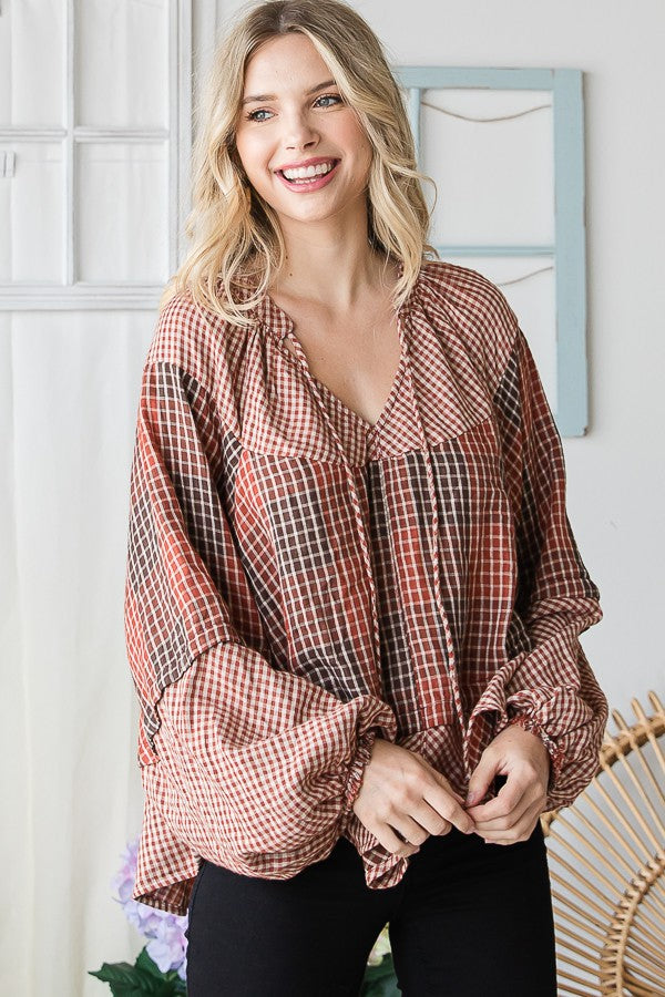 Oli & Hali Plaid Double Gauze Dolman Sleeve Blouse Top