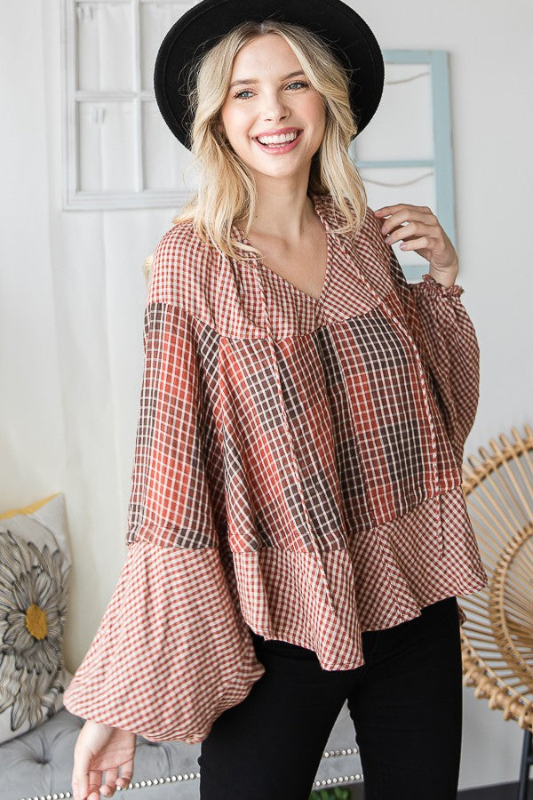 Oli & Hali Plaid Double Gauze Dolman Sleeve Blouse Top