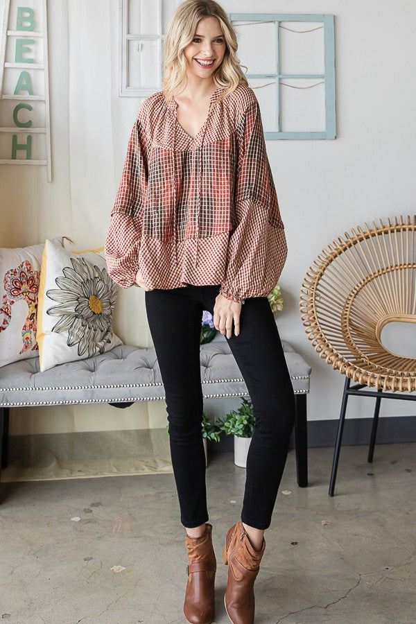 Oli & Hali Plaid Double Gauze Dolman Sleeve Blouse Top