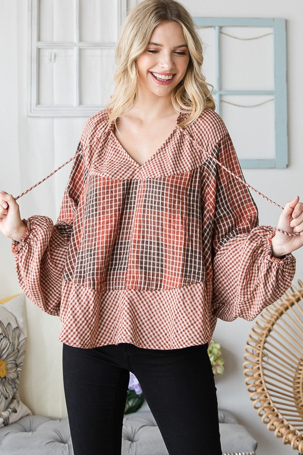 Oli & Hali Plaid Double Gauze Dolman Sleeve Blouse Top