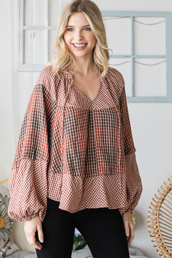 Oli & Hali Plaid Double Gauze Dolman Sleeve Blouse Top