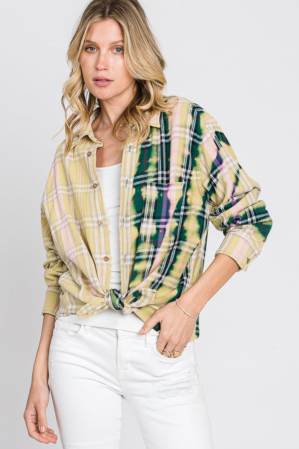 Oli & Hali Bleached Detail Front Pocket Plaids Top