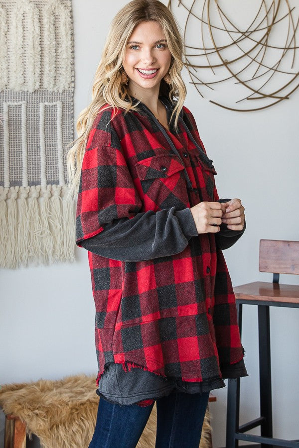 Oli & Hali Gingham Print Layered Look Knit Hoodie Jacket