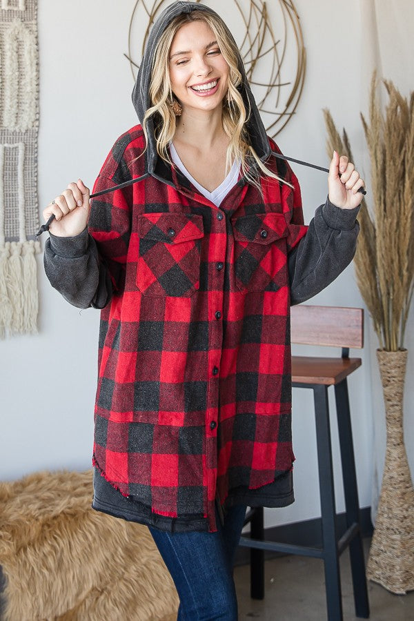 Oli & Hali Gingham Print Layered Look Knit Hoodie Jacket