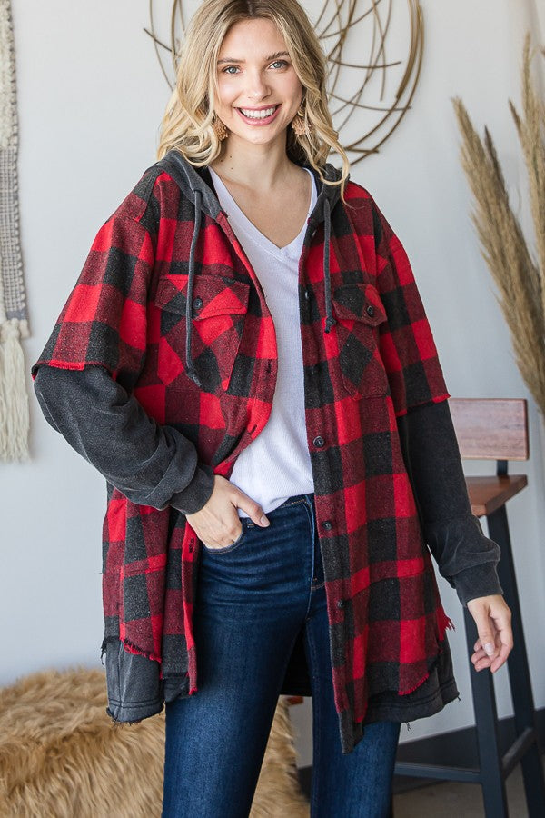 Oli & Hali Gingham Print Layered Look Knit Hoodie Jacket