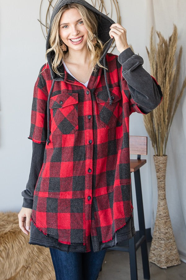 Oli & Hali Gingham Print Layered Look Knit Hoodie Jacket