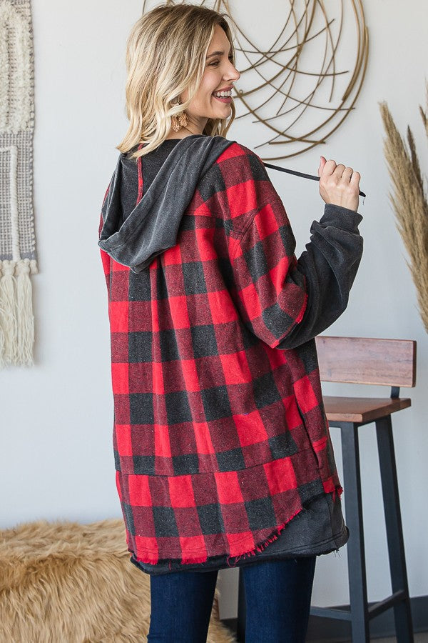 Oli & Hali Gingham Print Layered Look Knit Hoodie Jacket