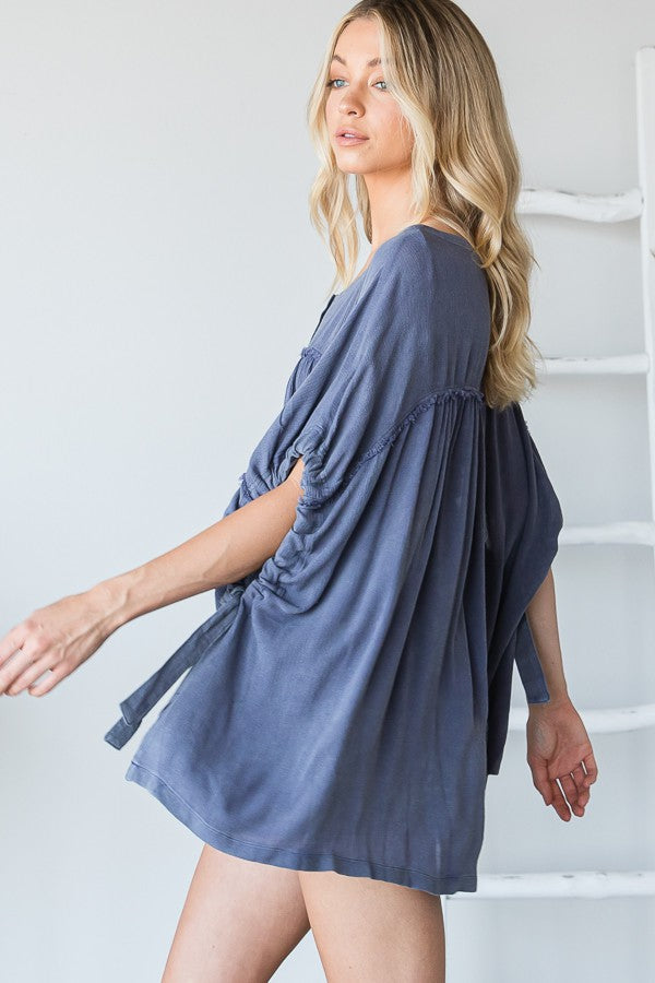 Oli & Hali Mineral Washed Shirred Front Button Down Top