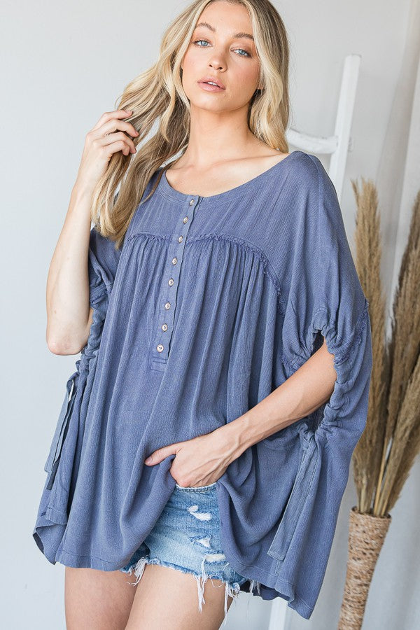 Oli & Hali Mineral Washed Shirred Front Button Down Top