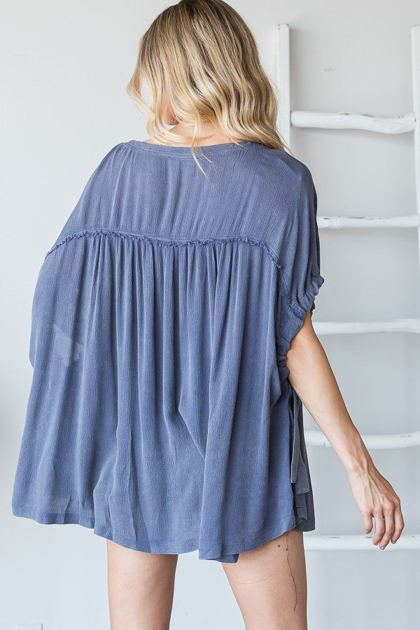 Oli & Hali Mineral Washed Shirred Front Button Down Top