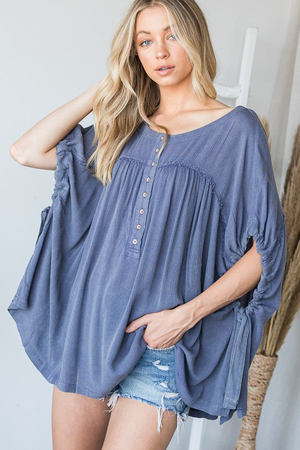 Oli & Hali Mineral Washed Shirred Front Button Down Top
