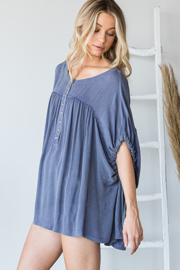 Oli & Hali Mineral Washed Shirred Front Button Down Top