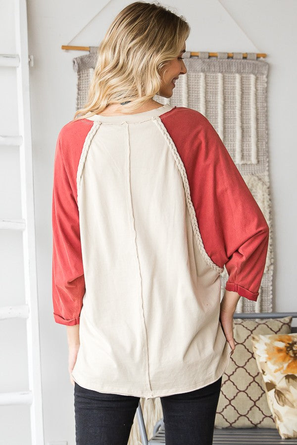 Oli & Hali Mineral Washed Colorblock Braided Trim Top