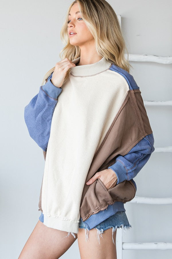 Oli & Hali Color Block Washed Detail Loose Fit Knit Top