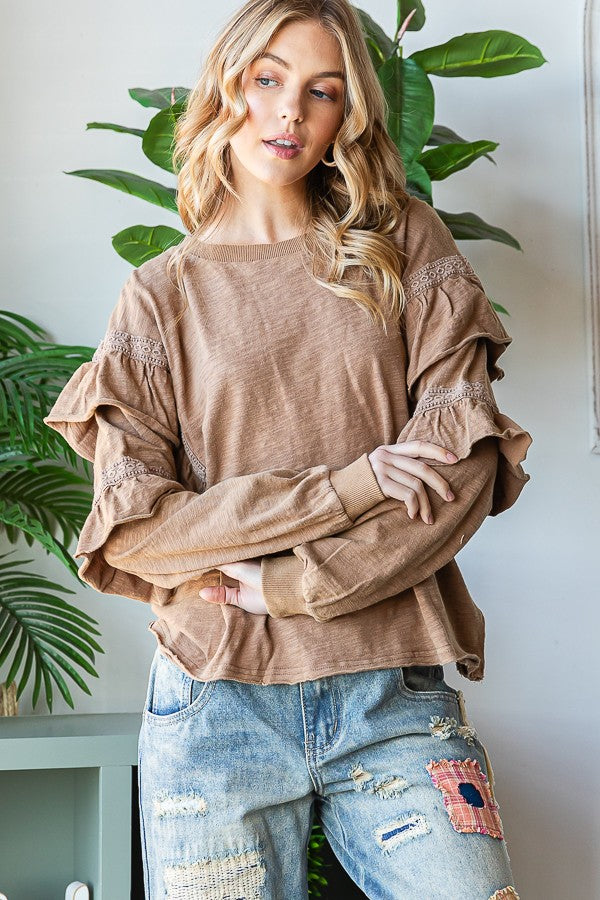 Oli & Hali Mineral Washed Ruffle Crochet Sleeves Top