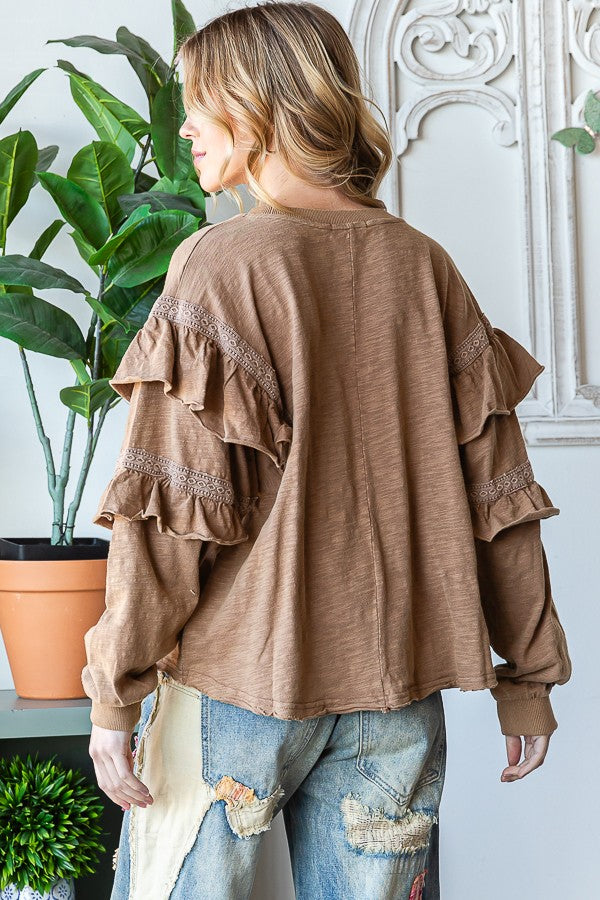 Oli & Hali Mineral Washed Ruffle Crochet Sleeves Top