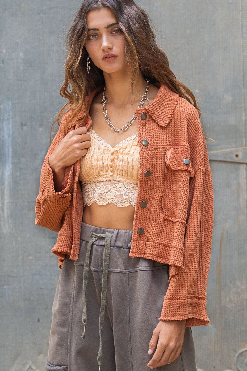 POL Pocket Front Oversize Button Down Thermal Jacket Top