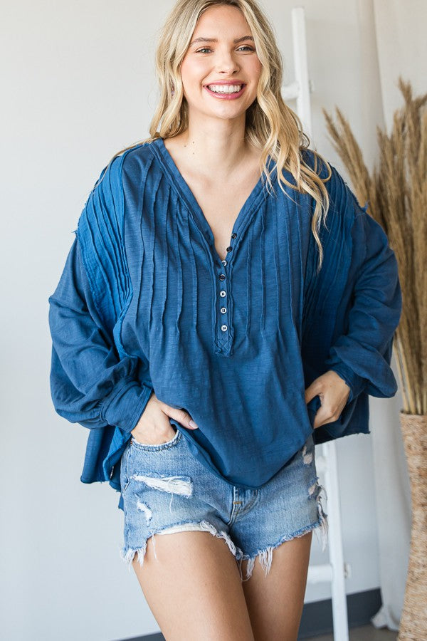 Oli & Hali Mineral Washed Pintuck Pleats Half Button Top