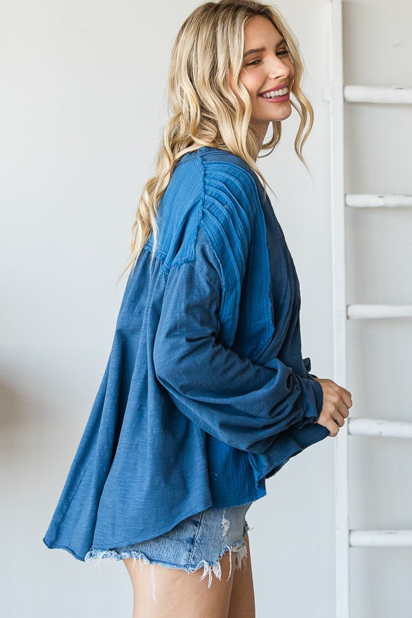 Oli & Hali Mineral Washed Pintuck Pleats Half Button Top