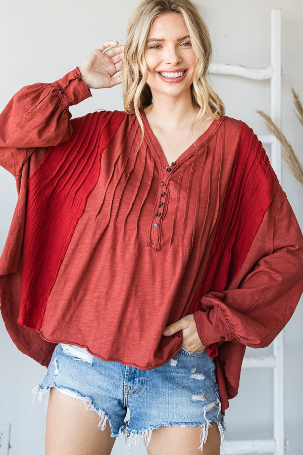 Oli & Hali Mineral Washed Pintuck Pleats Half Button Top