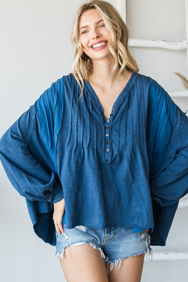 Oli & Hali Mineral Washed Pintuck Pleats Half Button Top