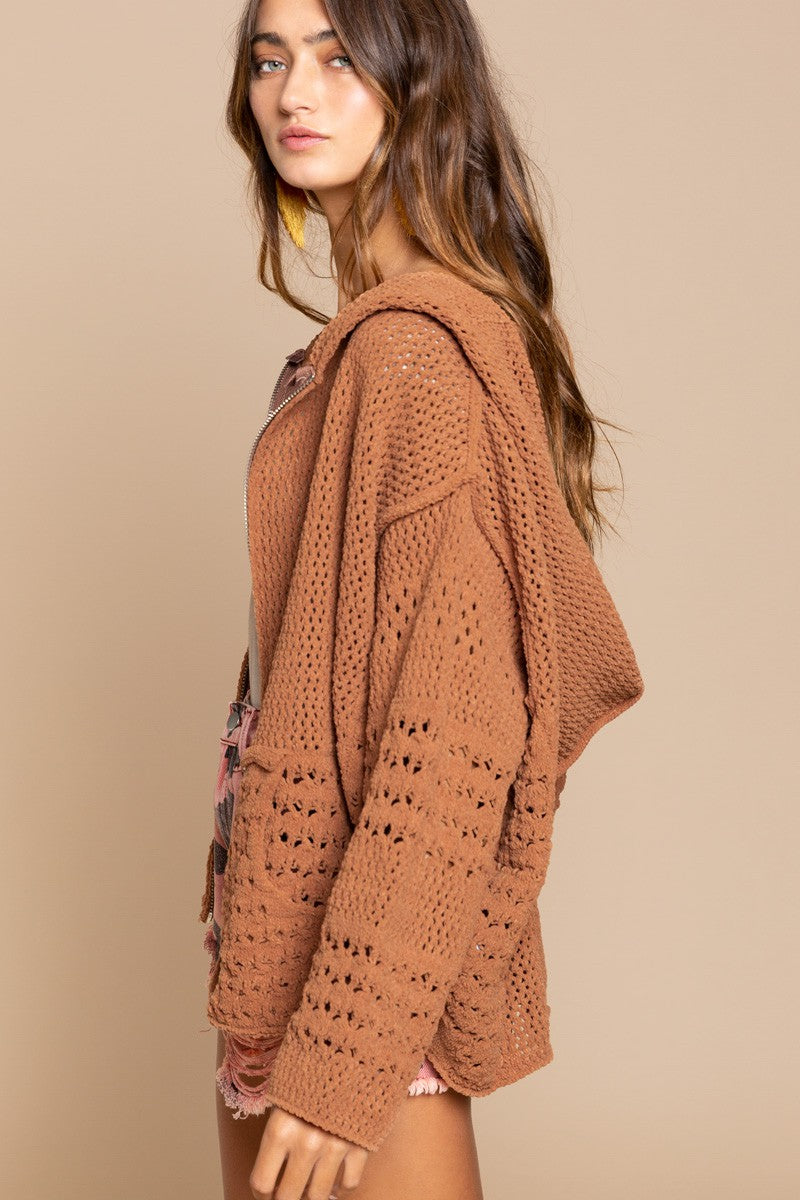 POL Hooded Zipper Pockets Chenille Relaxed Fit Sweater Jacket