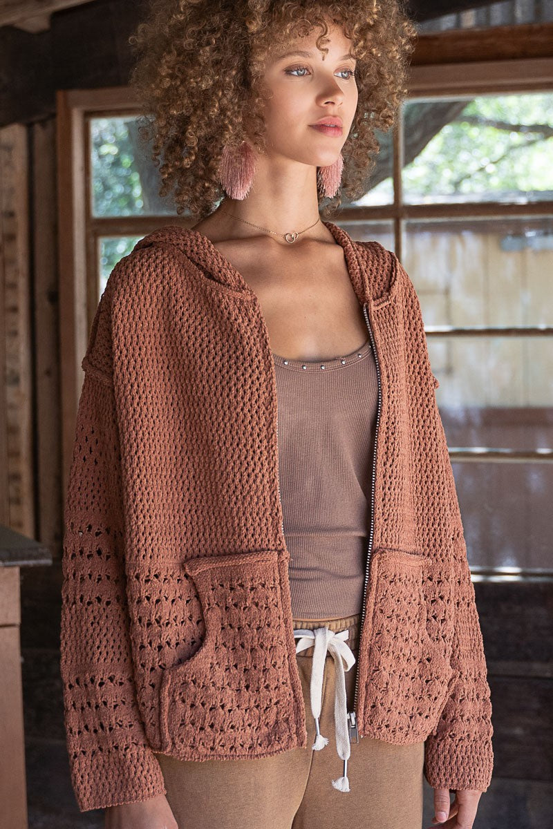 POL Hooded Zipper Pockets Chenille Relaxed Fit Sweater Jacket