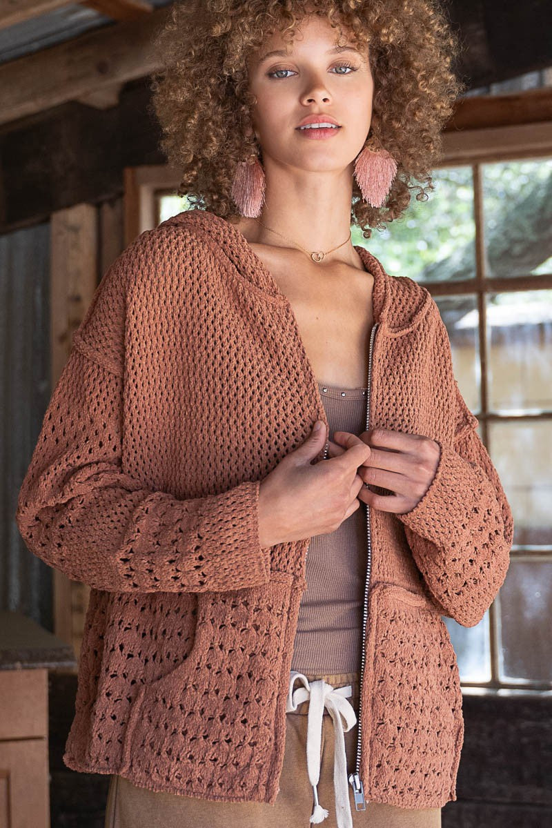 POL Hooded Zipper Pockets Chenille Relaxed Fit Sweater Jacket