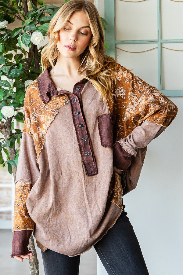 Oli & Hali Washed Fabric Mixed Long Sleeve Top