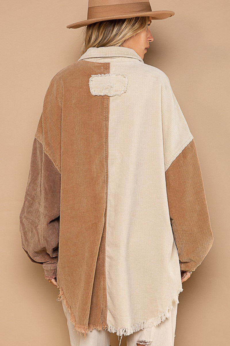 POL Contrast Panels Button Down Corduroy Frayed Edge Shacket Jacket - Roulhac Fashion Boutique